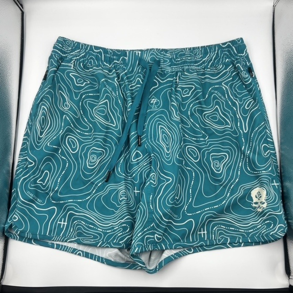Zero Foxtrot Men's Large Topographic Swim Trunks Teal Blue White Skull Spade
